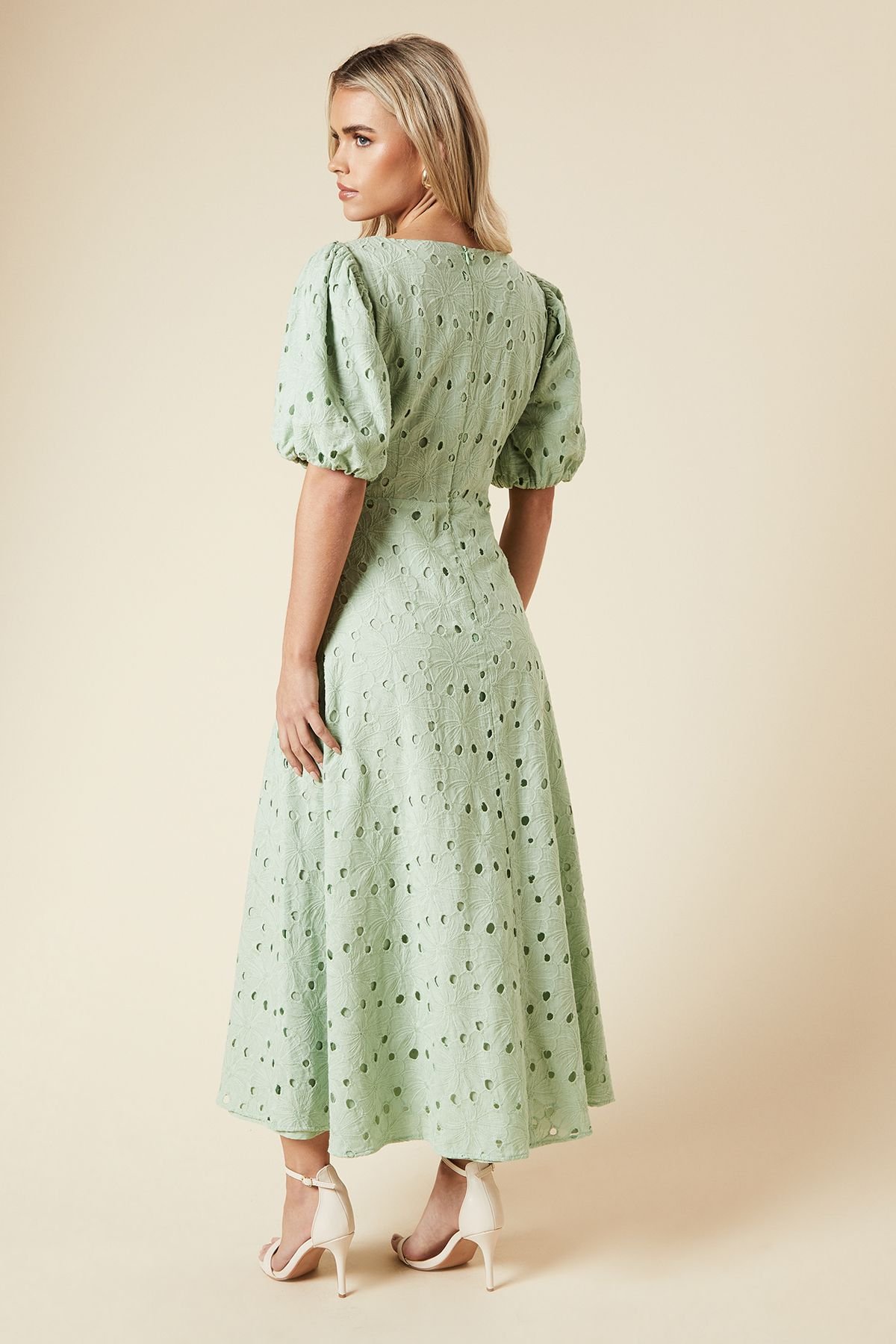 Dorothy Perkins Dorothy Perkins Women's Petite DP Luxe Lace Puff Sleeve Midi Dress in Sage - 3