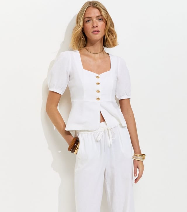 New Look Women's White Linen Rich Shell Button Peplum Top New Look - 2