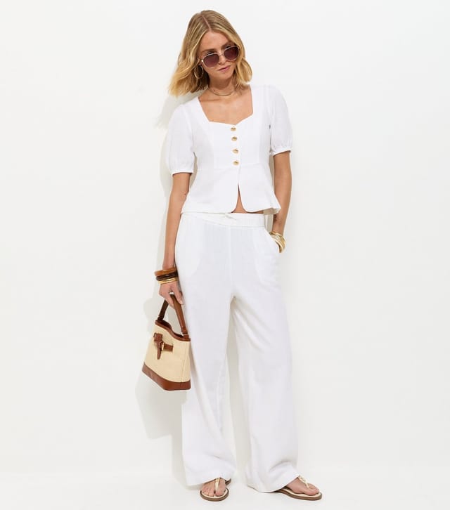 New Look Women's White Linen Rich Shell Button Peplum Top New Look - 3