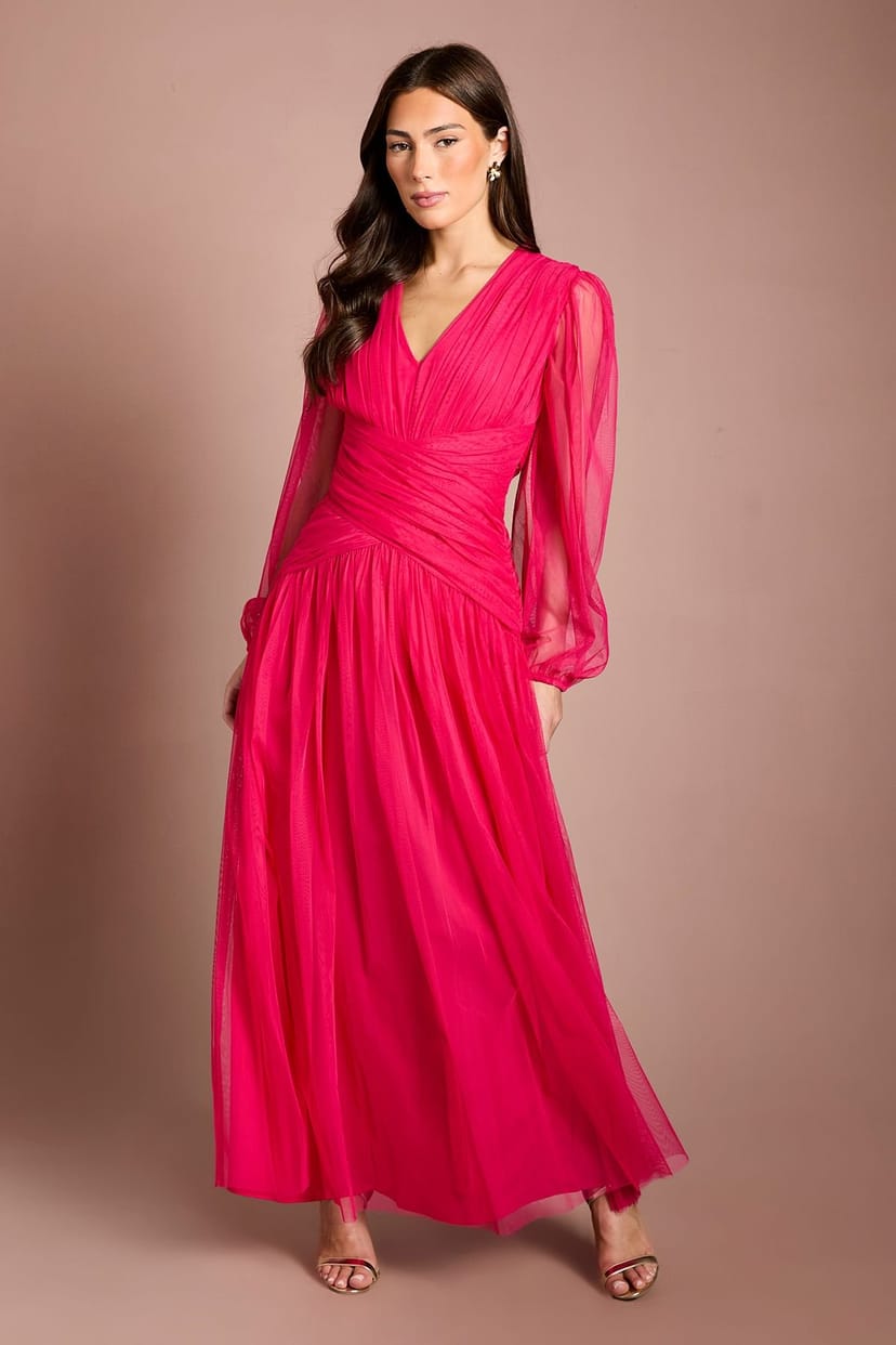 Coast Coast Women's Pleated Mesh Midaxi Dress in Raspberry - 1