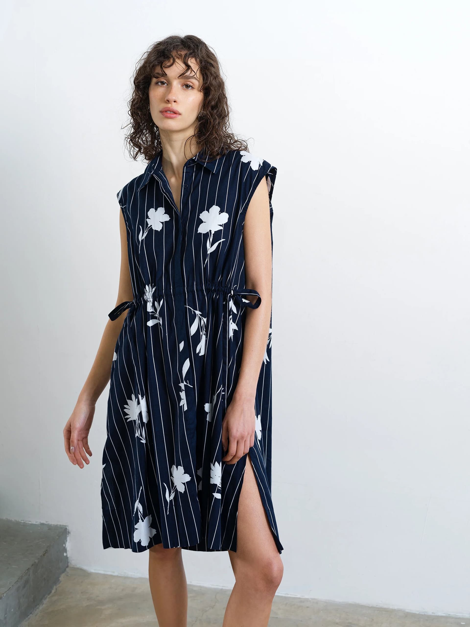 French Connection Cambria Cotton Sleeveless Drawstring Dress Navy/Linen White