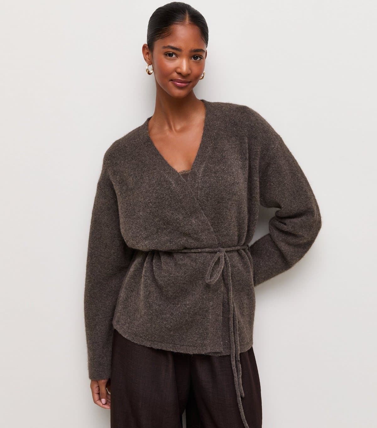 New Look Women's Dark Mink Knit Wrap Belt Cardigan New Look