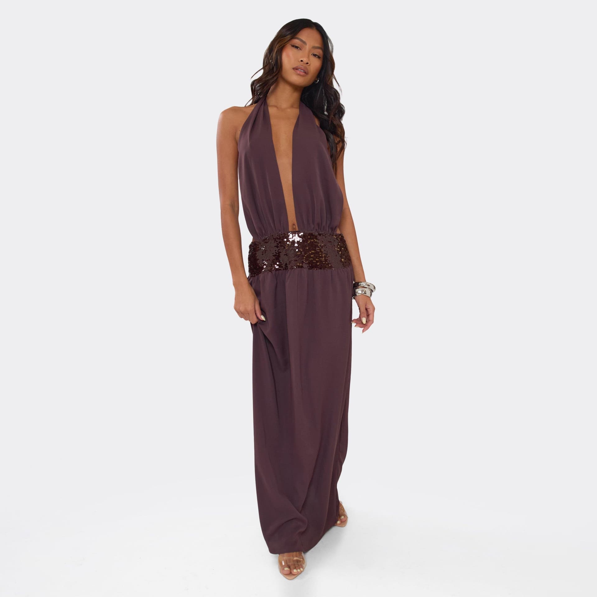 EGO Halterneck Extreme Plunge Front Sequin Panel Maxi Dress In Chocolate Brown Chiffon, Women's Size UK 6