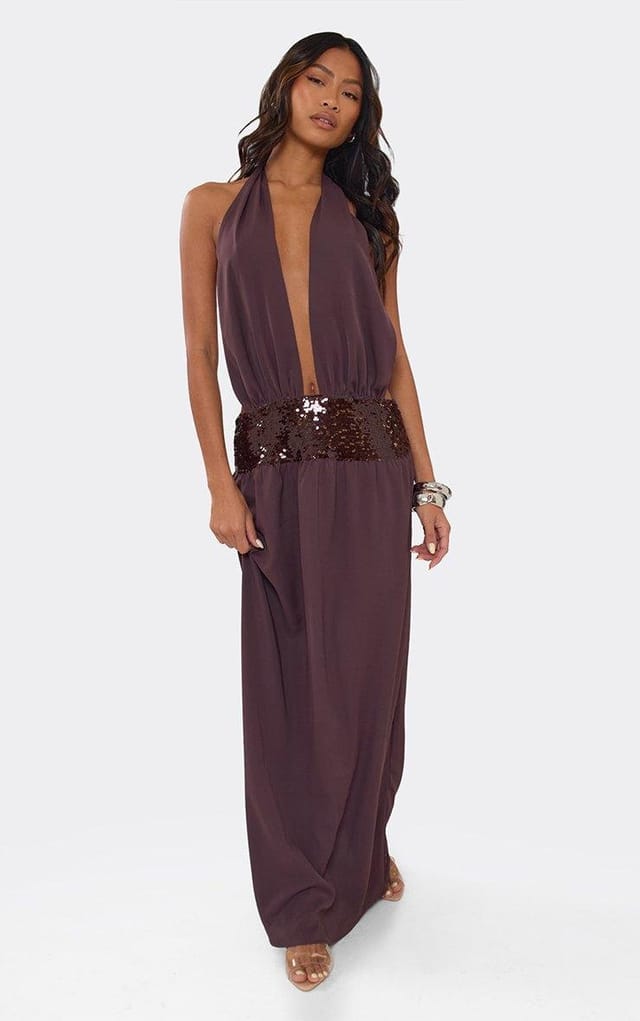 EGO Halterneck Extreme Plunge Front Sequin Panel Maxi Dress In Chocolate Brown Chiffon, Women's Size UK 6 - 2