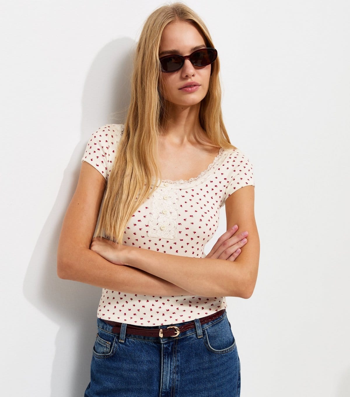 New Look Cream Ditsy Print Ribbed Lace Trim Henley Top
