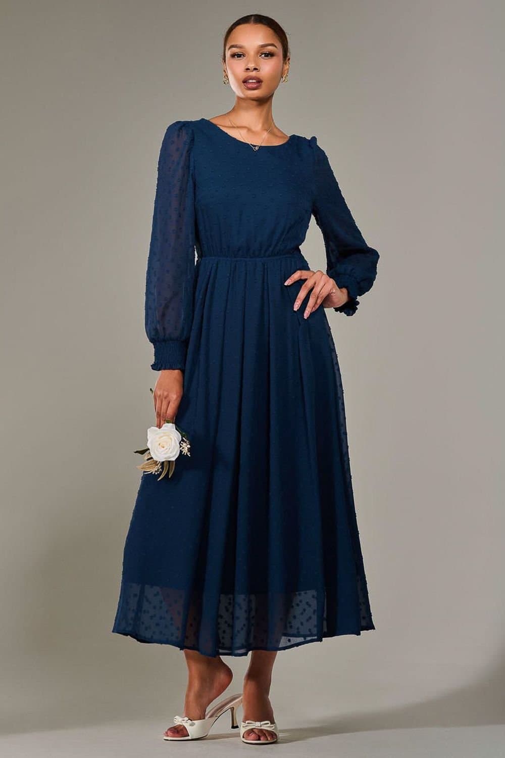 Jolie Moi Jolie Moi Women's Long Sleeve Chiffon Midaxi Dress in Navy