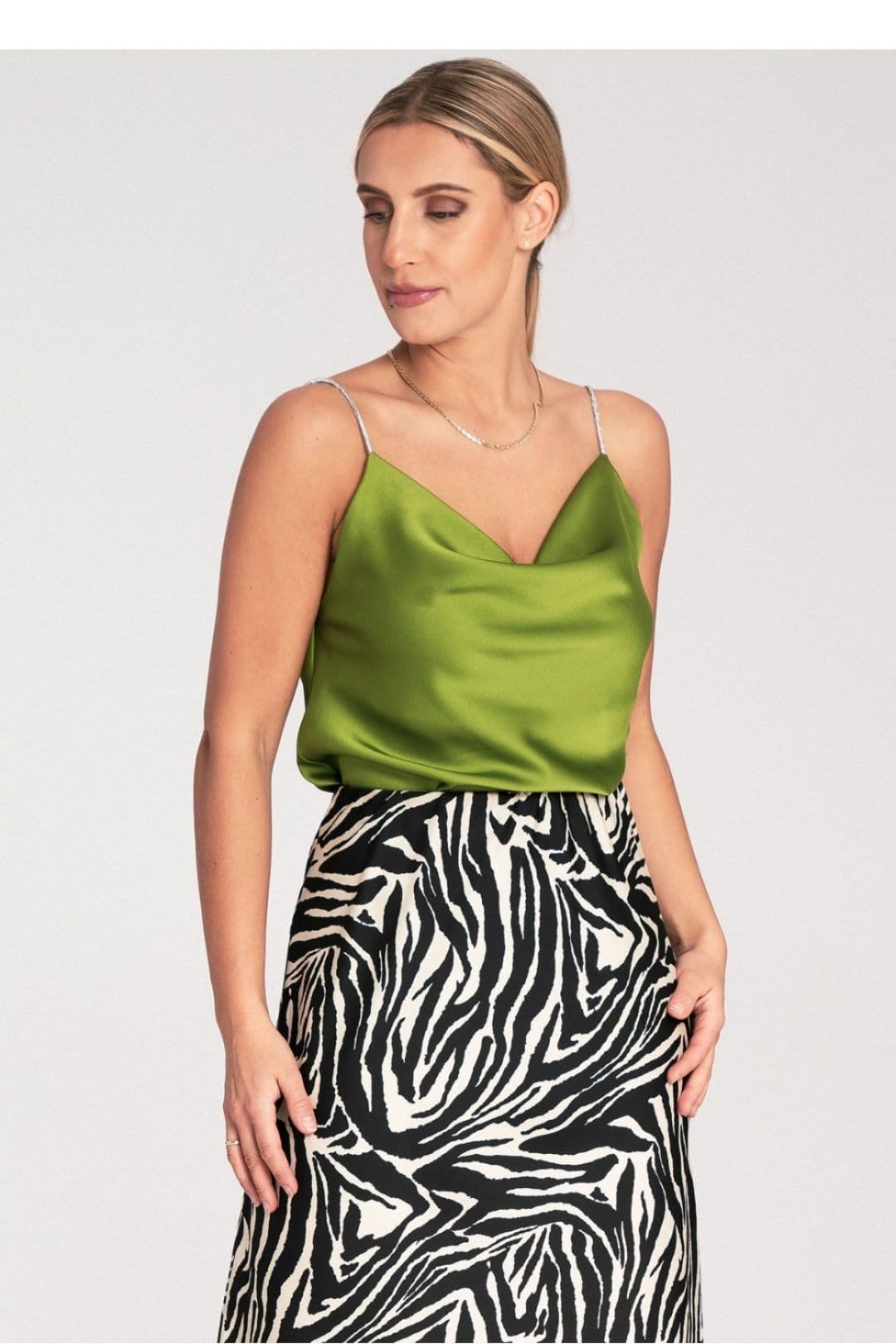 Love Lace Love Lace Women's Satin Top With Crystal Shimmer Straps in Green - 4