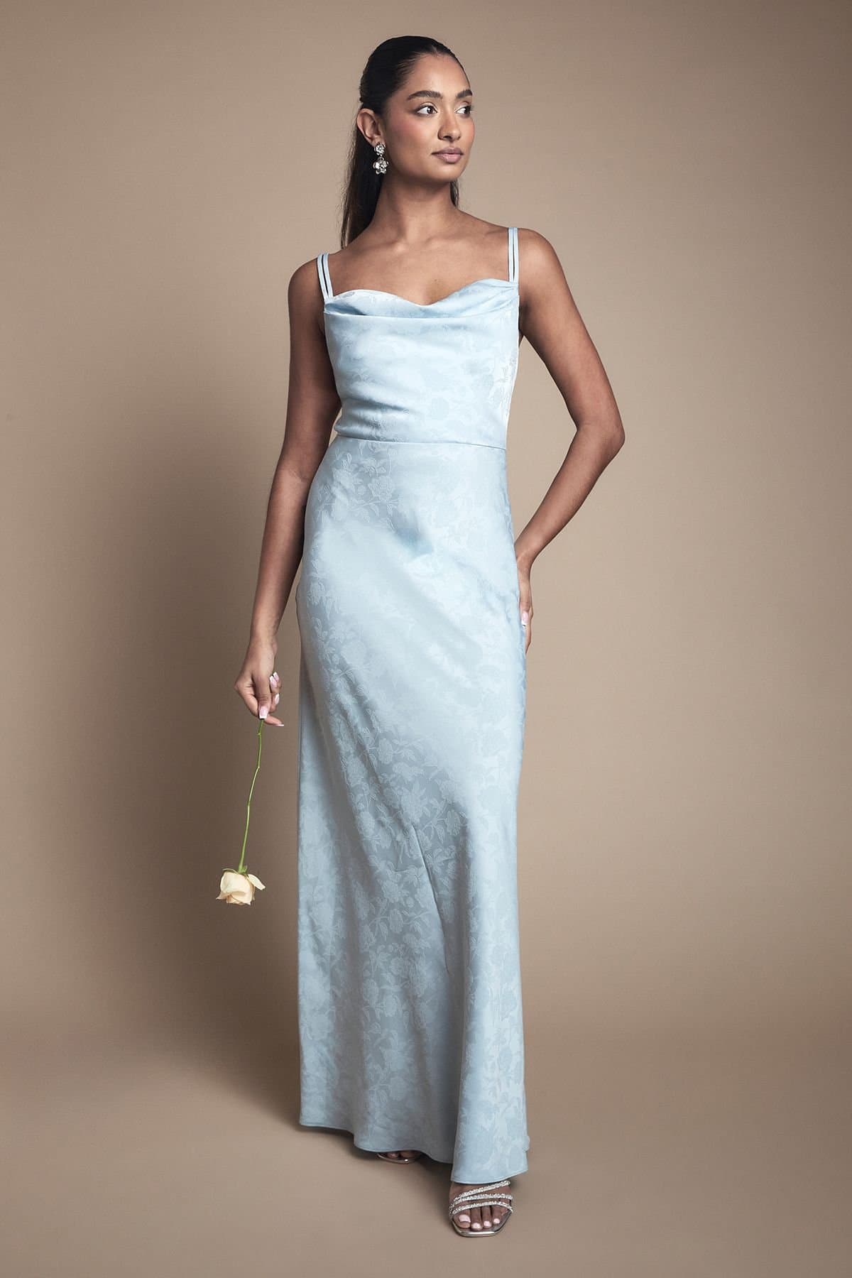 Oasis Oasis Women's Double Strap Cowl Neck Satin Jacquard Bridesmaid Dress in Light Blue