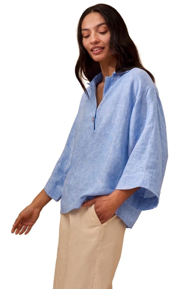 Celtic & Co Celtic & Co Women's Collared Popover Linen Blouse in Light Blue - 3