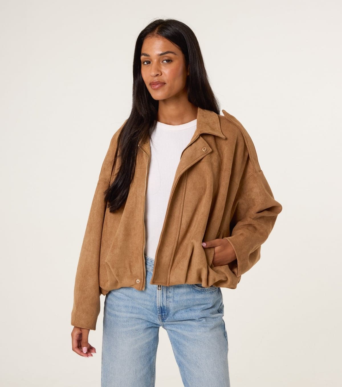 Blue Vanilla Women's Tan Faux Suede Puffball Hem Jacket Blue Vanilla New Look