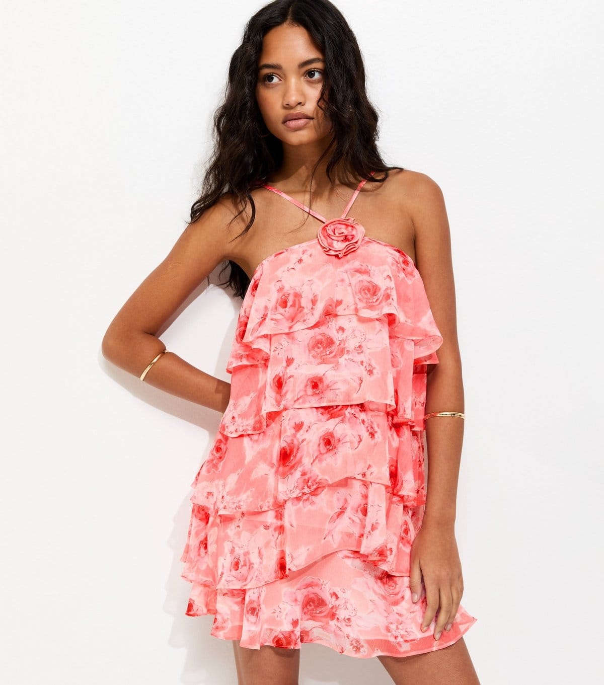 New Look Pink Rose Print Ruffle Halterneck Mini Dress