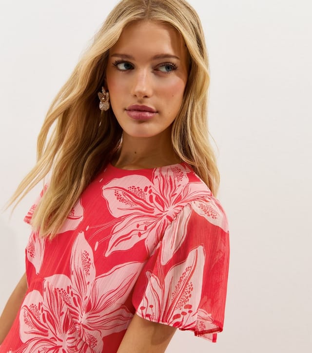 New Look Women's Red and Pink Orchid Godet Chiffon Midi Dress New Look - 2