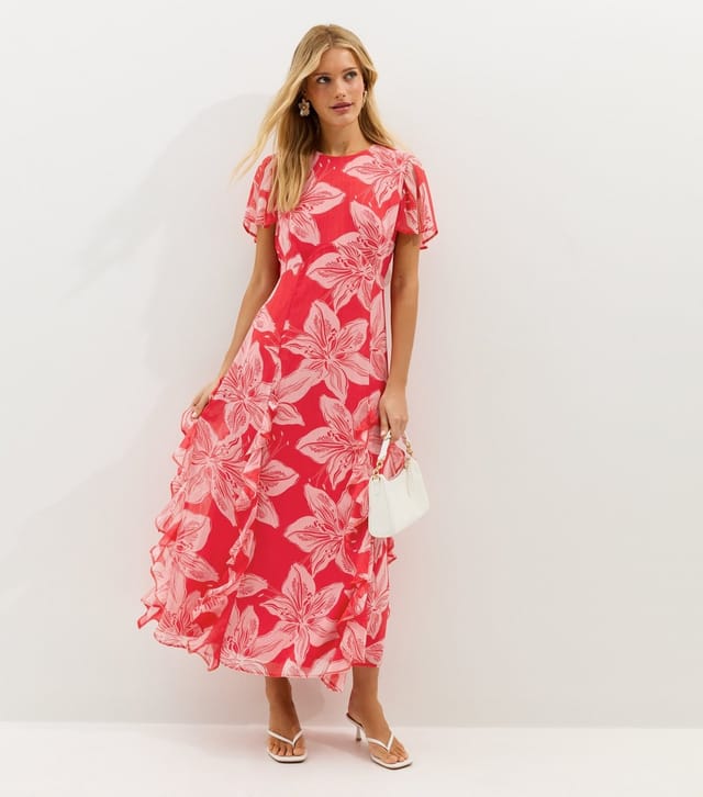 New Look Women's Red and Pink Orchid Godet Chiffon Midi Dress New Look - 3