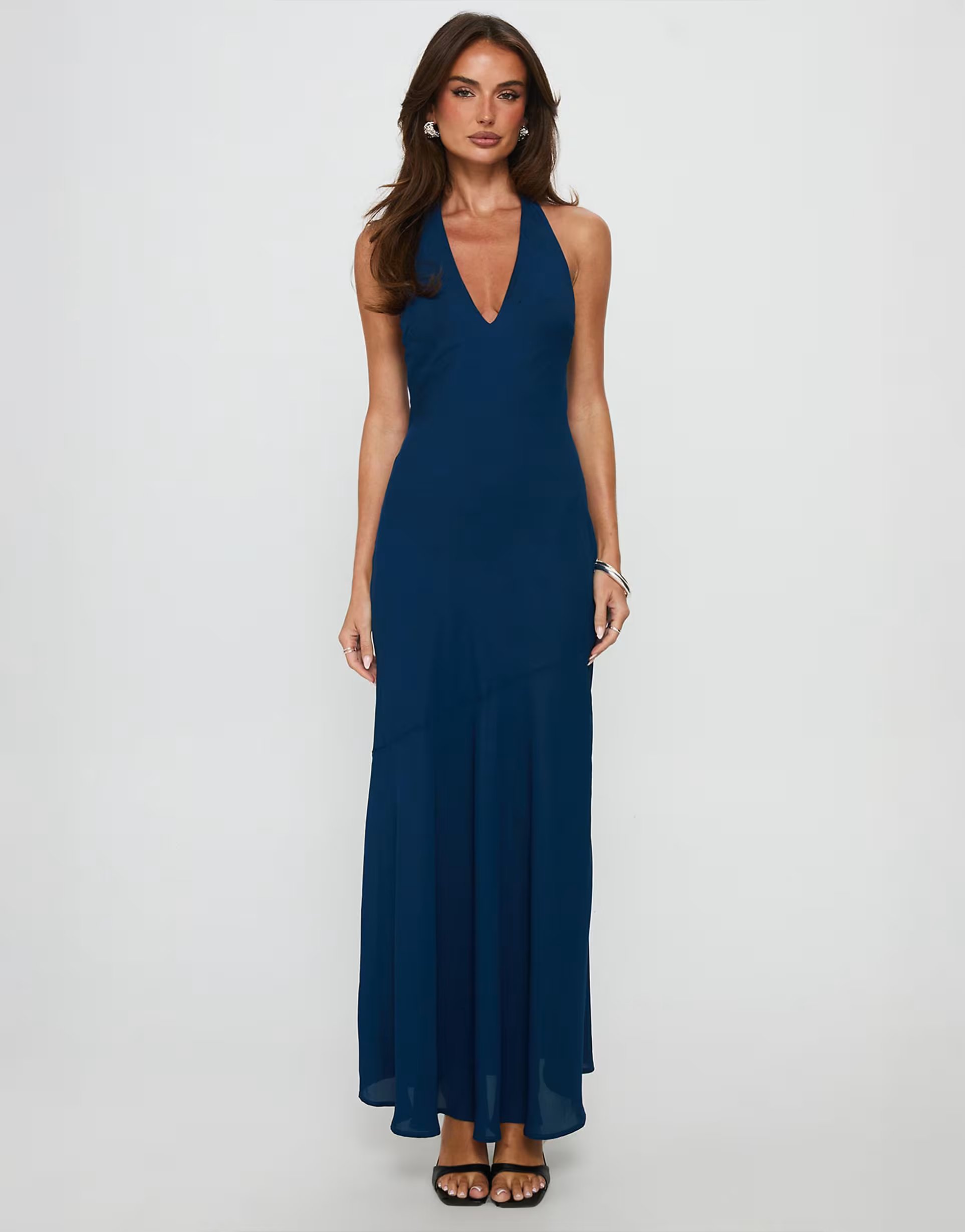 ASOS Princess Polly satin halterneck chiffon asymmetric hem maxi dress in navy - 1