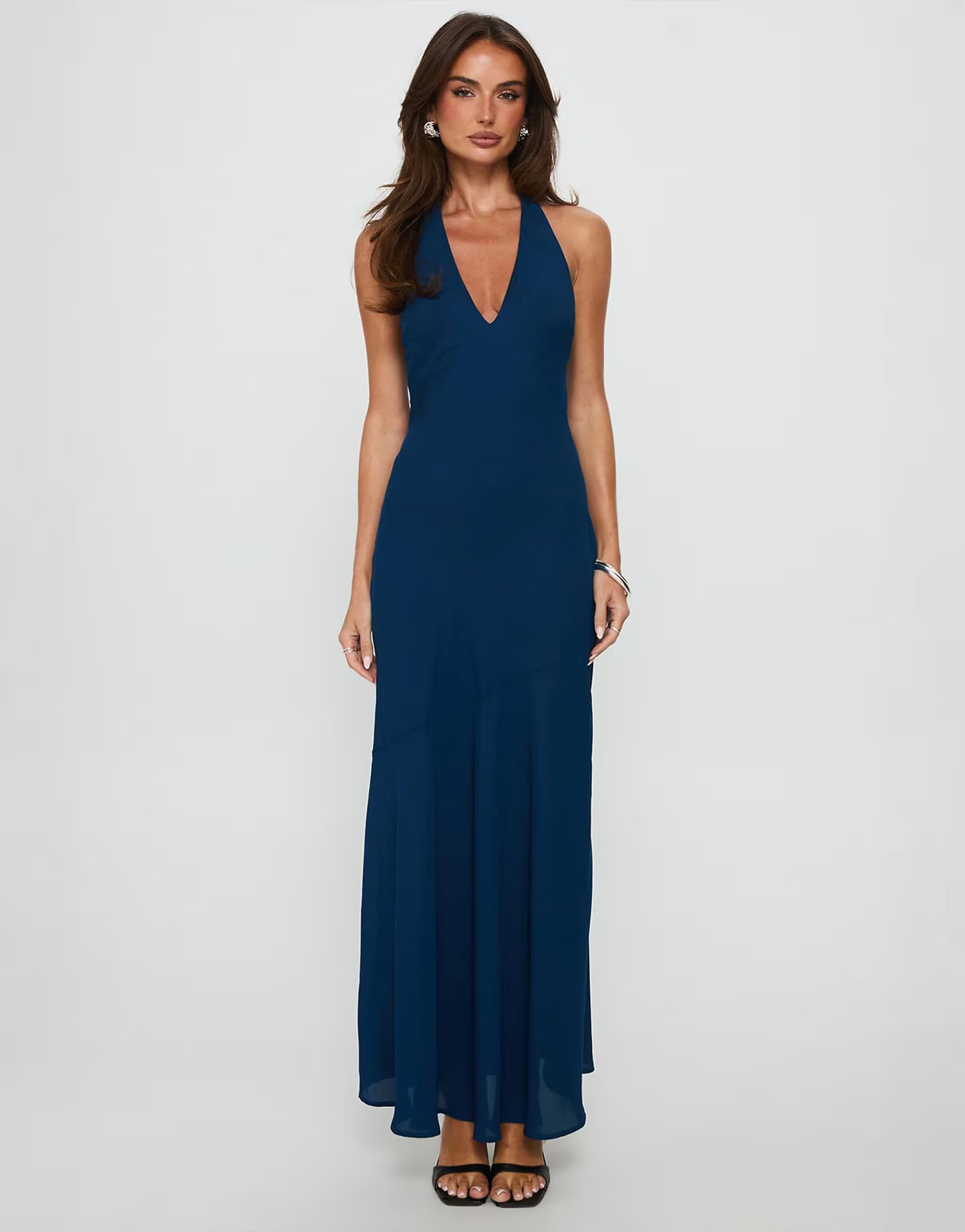 ASOS Princess Polly satin halterneck chiffon asymmetric hem maxi dress in navy