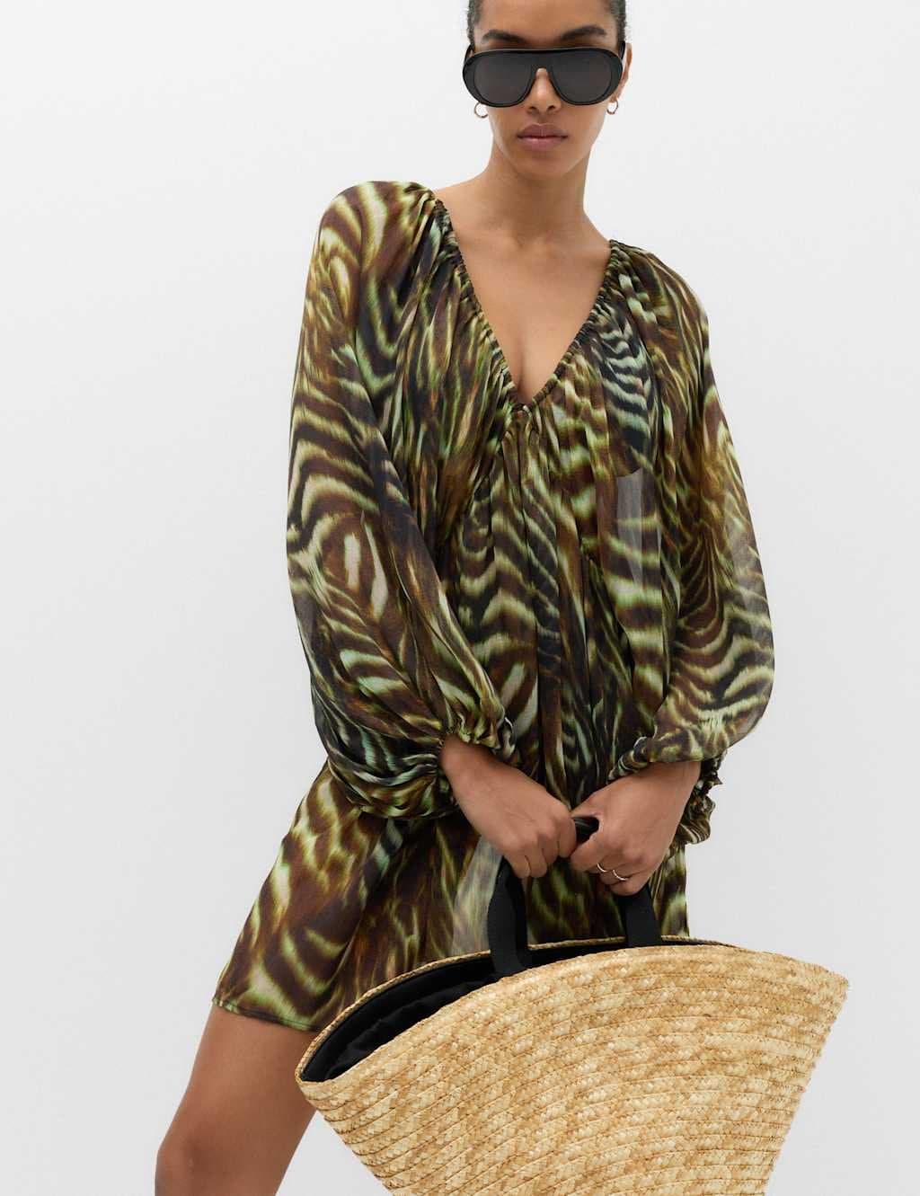 Marks & Spencer M&S Animal Print Balloon Sleeve Mini Beach Dress Dark Green Mix