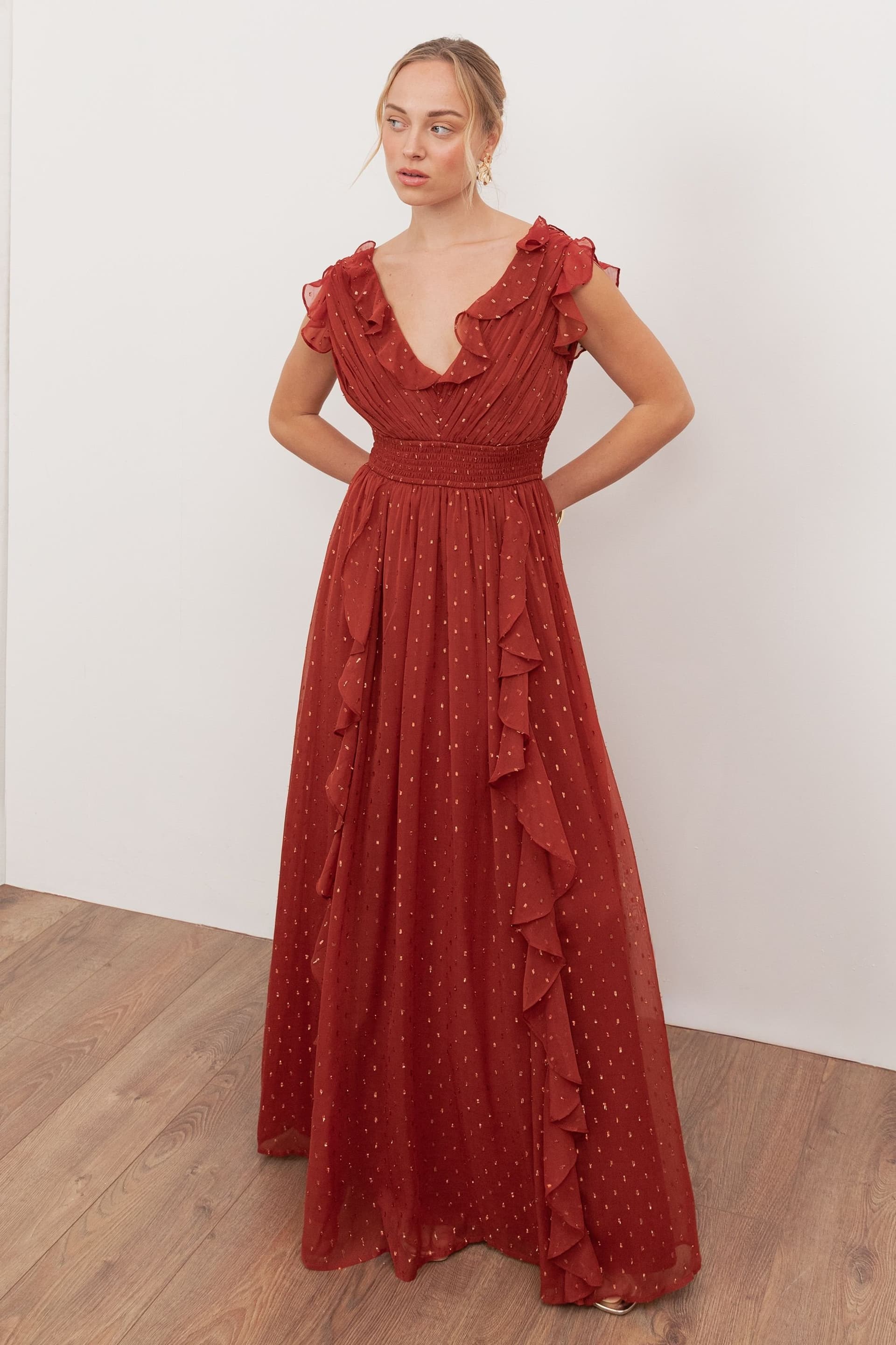 Anaya with Love Anaya with Love Women's Plunge Neck Waterfall Ruffle Maxi Dress in Red