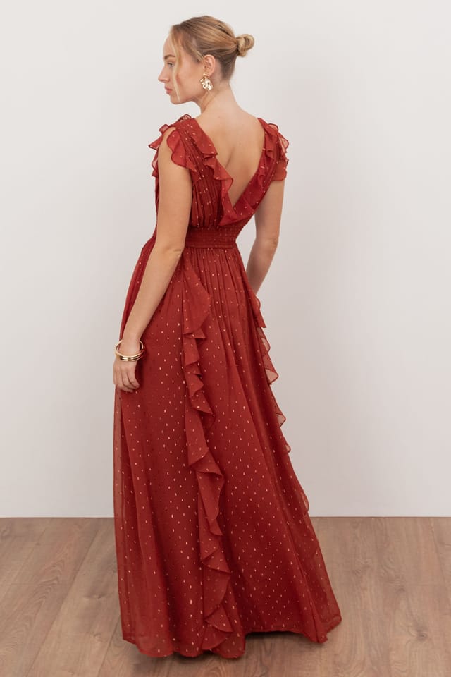 Anaya with Love Anaya with Love Women's Plunge Neck Waterfall Ruffle Maxi Dress in Red - 2