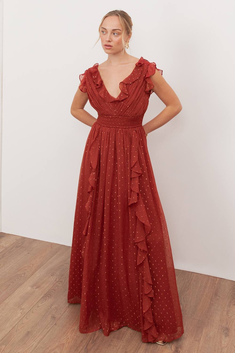 Anaya with Love Anaya with Love Women's Plunge Neck Waterfall Ruffle Maxi Dress in Red - 3