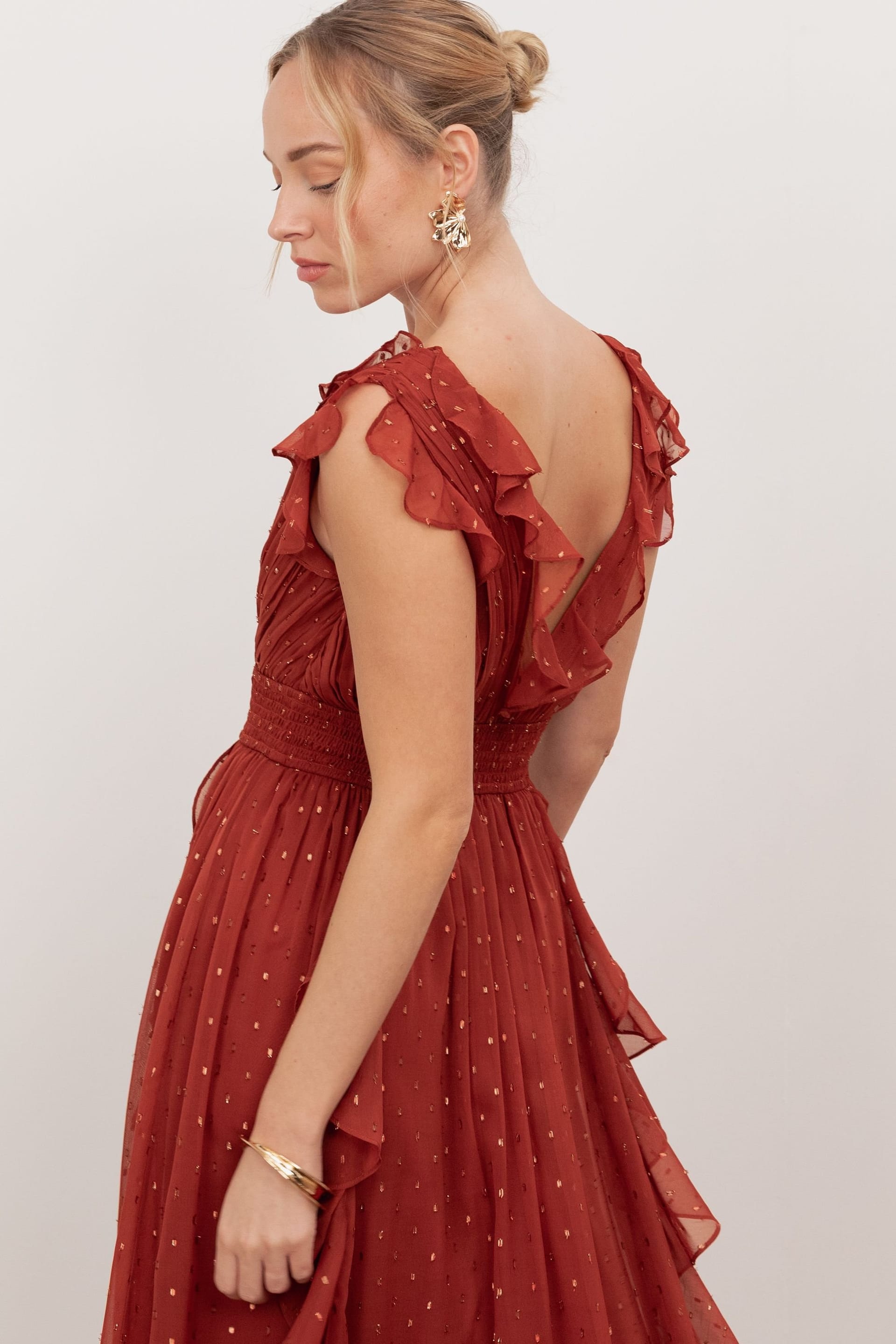 Anaya with Love Anaya with Love Women's Plunge Neck Waterfall Ruffle Maxi Dress in Red - 4