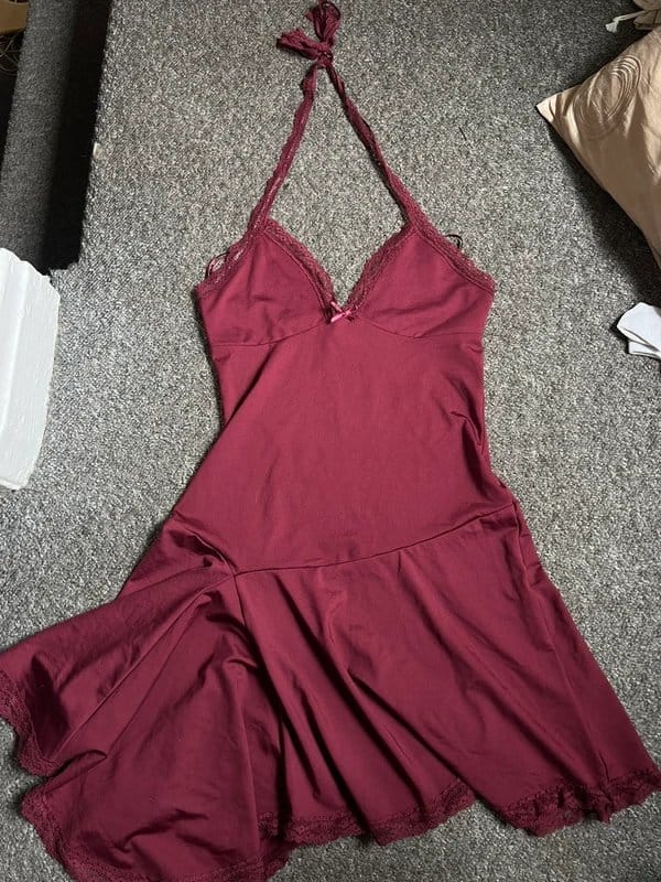 Bershka Burgundy Lace Halter Neck Mini Dress