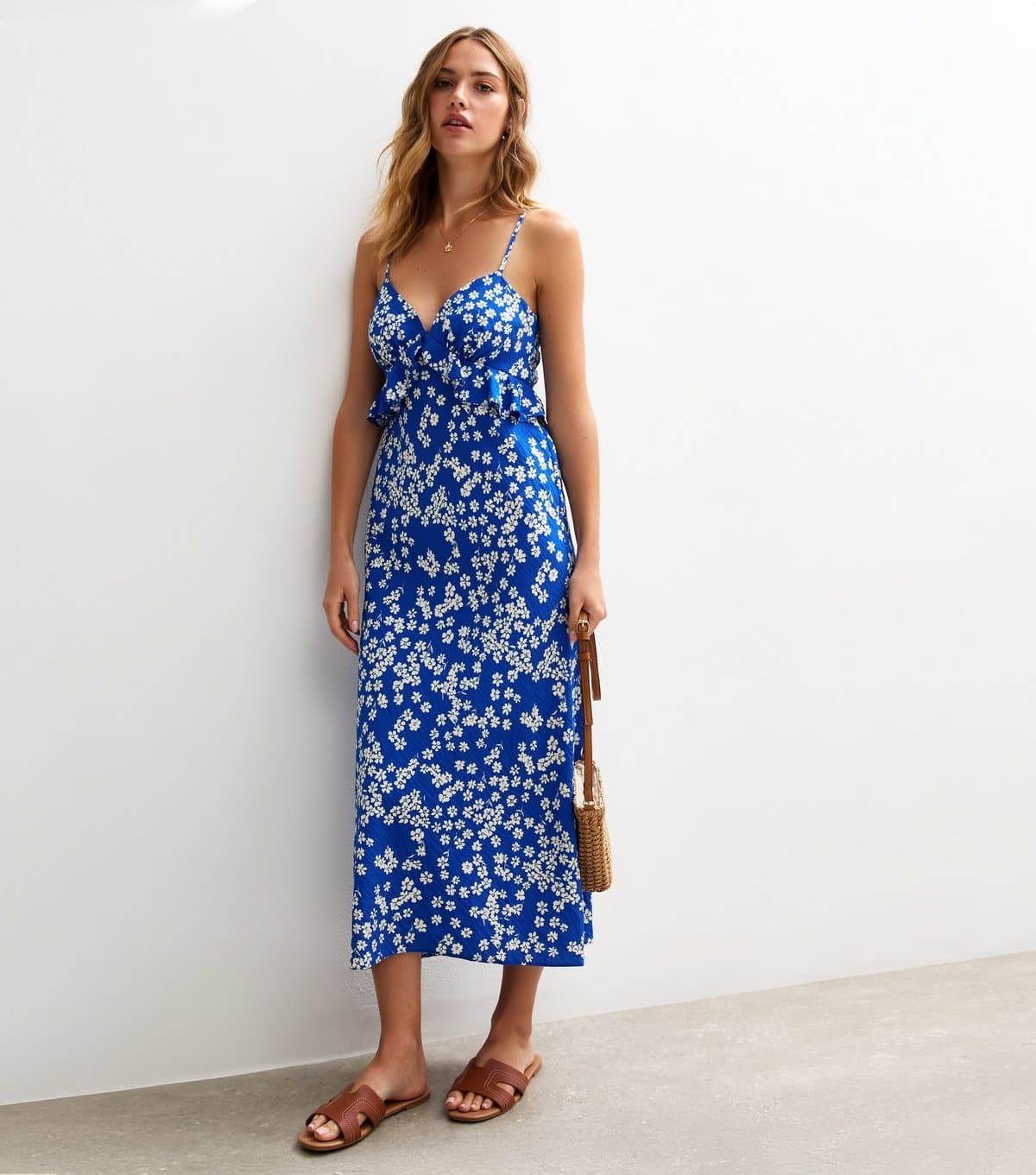 New Look Women's Blue Floral Print Strappy Ruffle Trim Midi Dress New Look