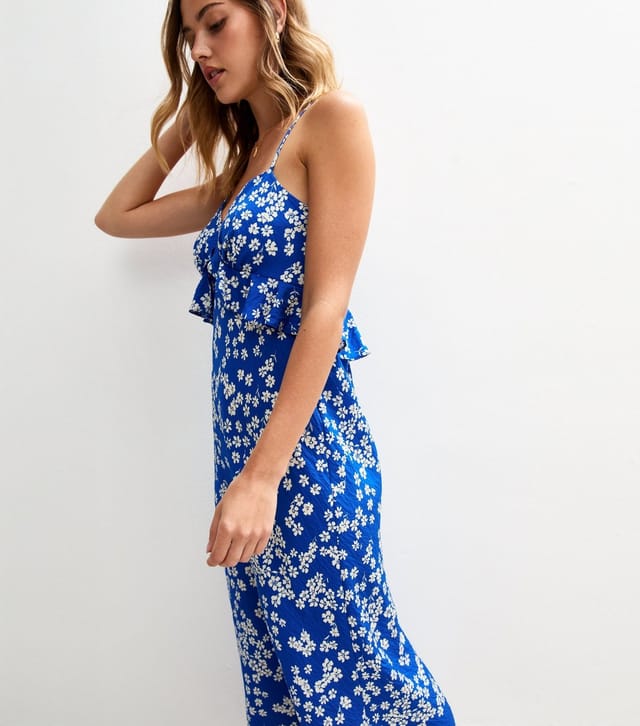 New Look Women's Blue Floral Print Strappy Ruffle Trim Midi Dress New Look - 2