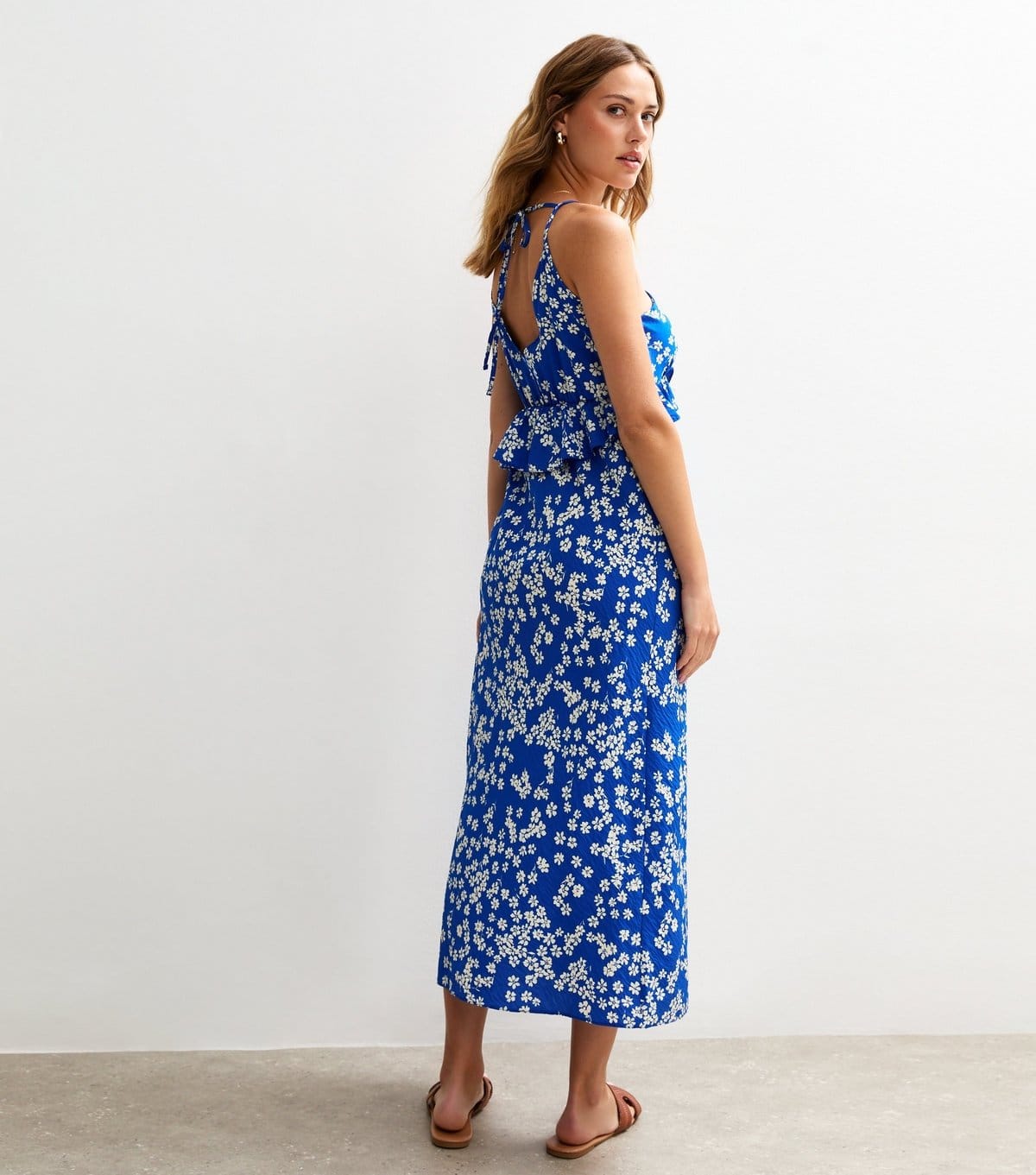 New Look Women's Blue Floral Print Strappy Ruffle Trim Midi Dress New Look - 4