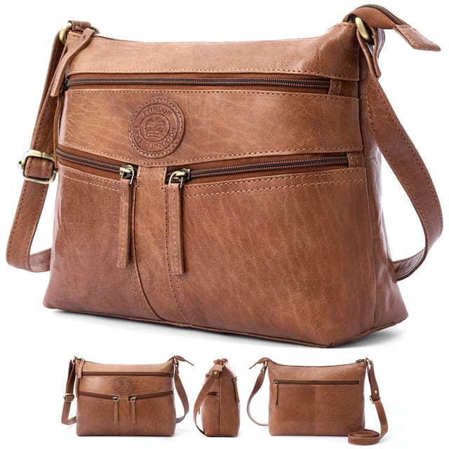 Woodland Leathers Woodland Leathers Women's Genuine Leather Multi Pocket Crossbody Soulder Bag in Tan - 2