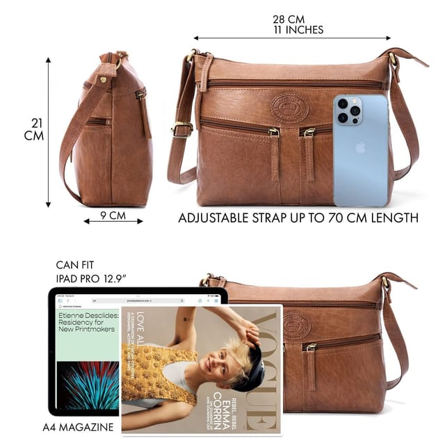 Woodland Leathers Woodland Leathers Women's Genuine Leather Multi Pocket Crossbody Soulder Bag in Tan - 3