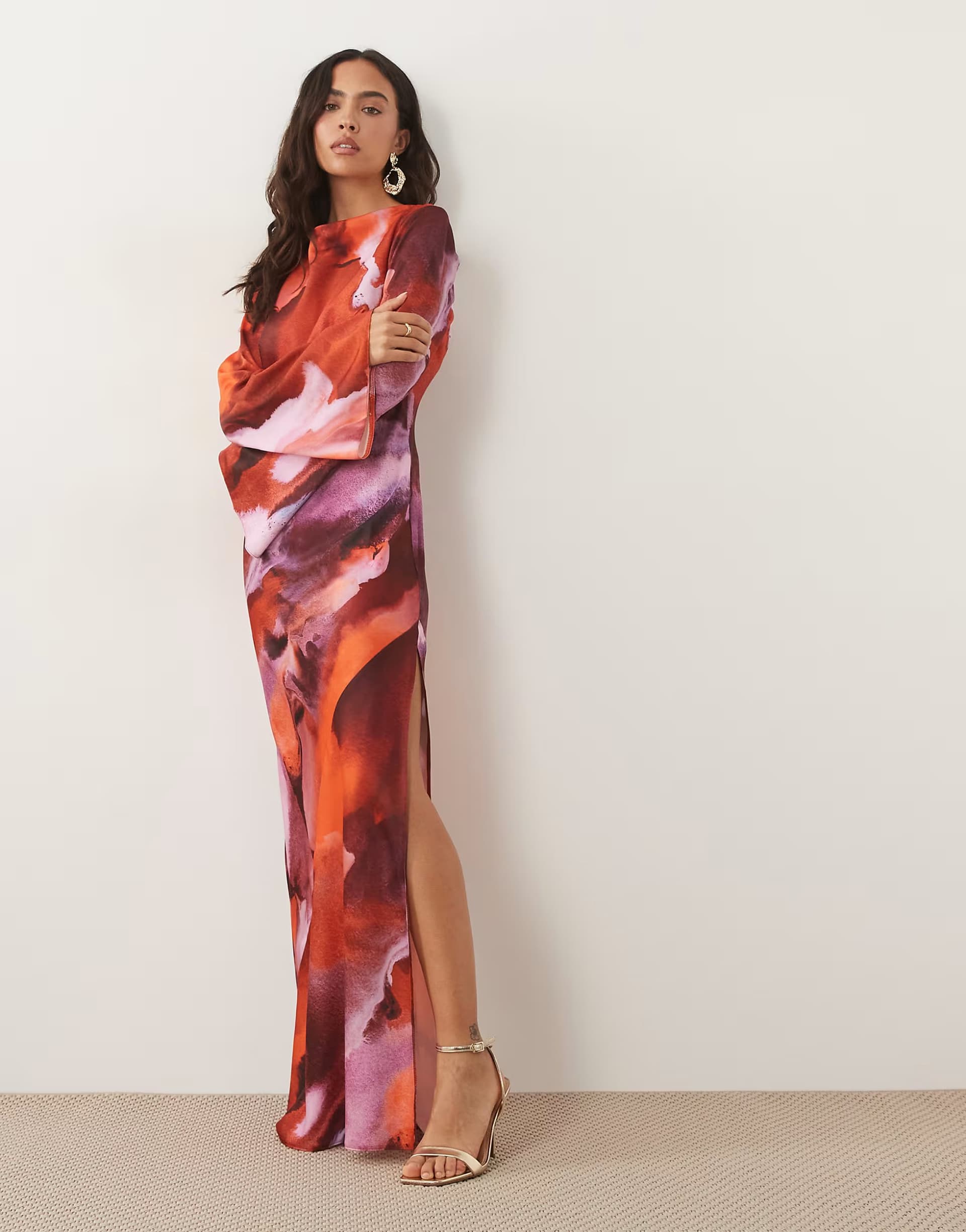 ASOS ASOS DESIGN satin maxi dress with flute sleeves in marble pink print