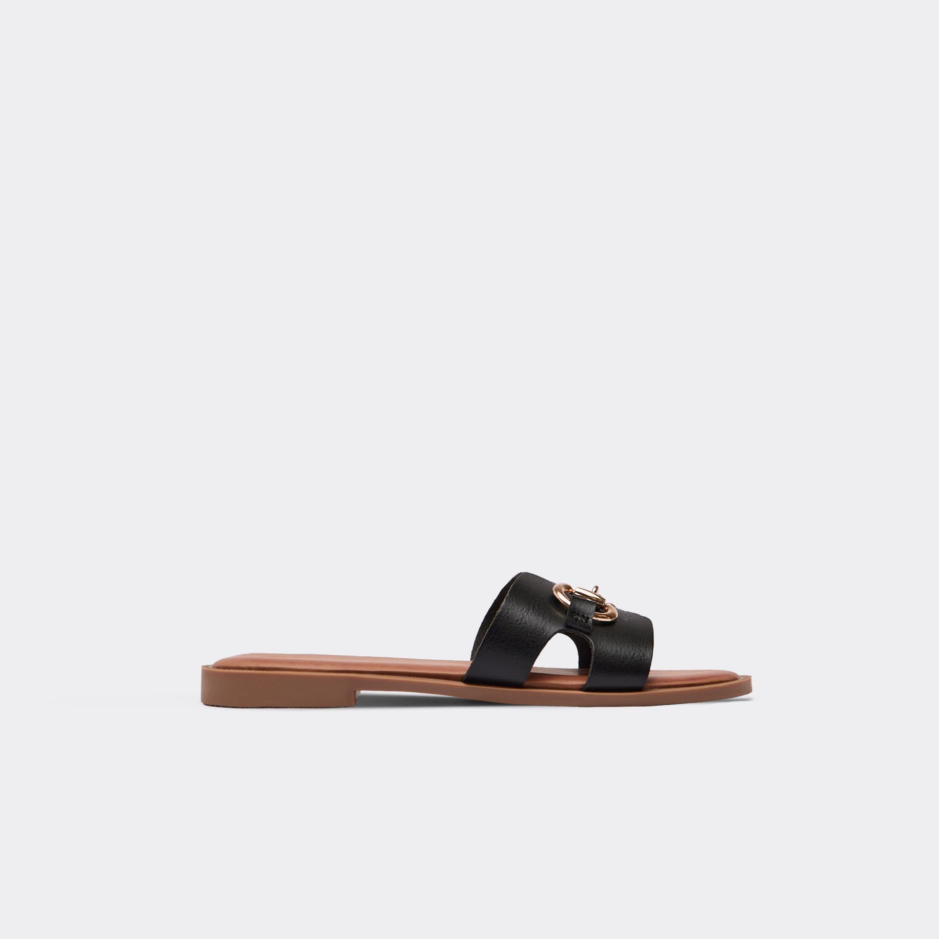 EGO Elowed Link Detail Flat Slider Sandal In Black Faux Leather, Women's Size UK 3