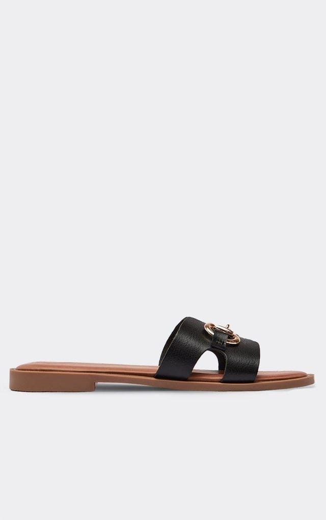EGO Elowed Link Detail Flat Slider Sandal In Black Faux Leather, Women's Size UK 3 - 2