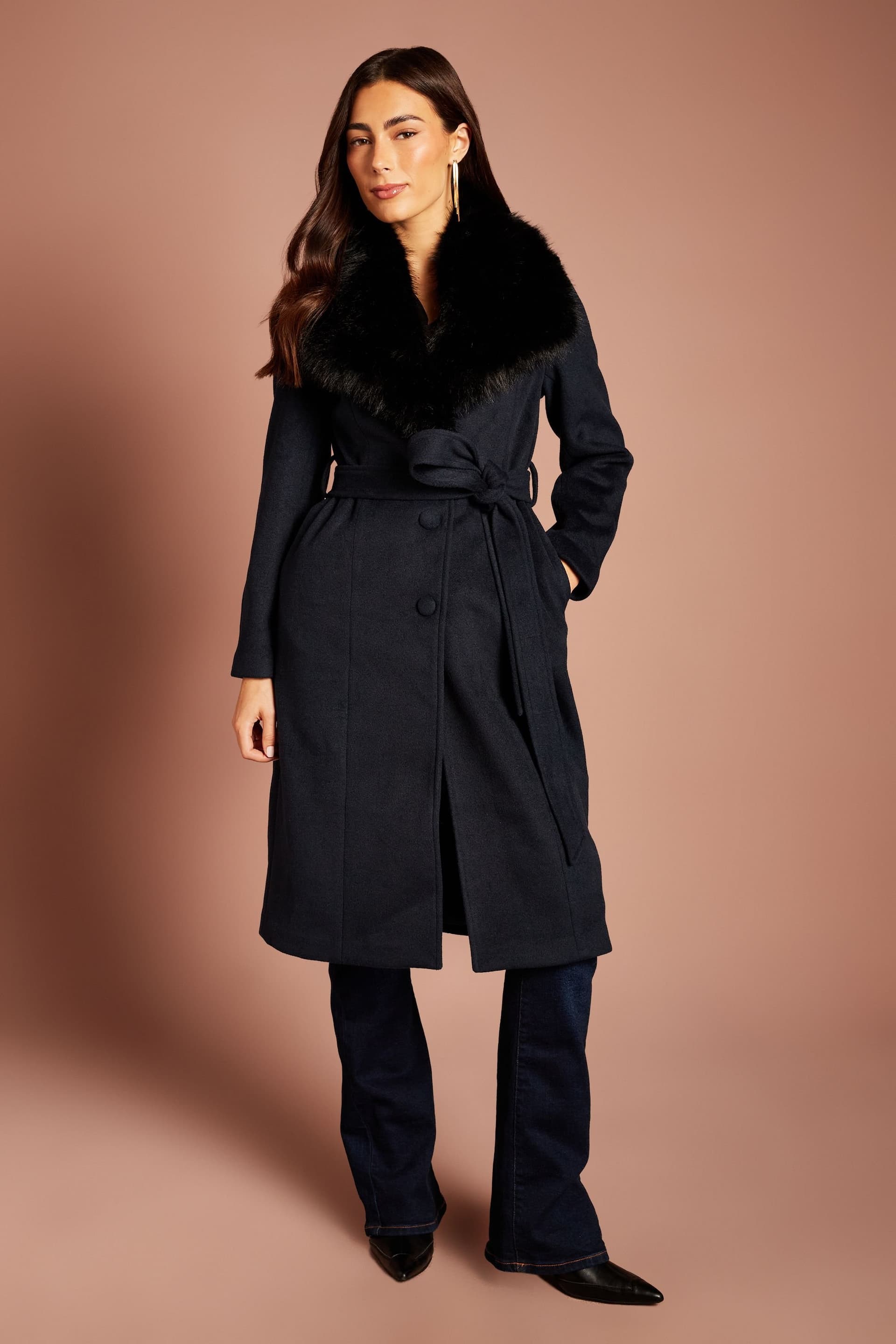 Coast Coast Women's Navy Faux Fur Collar Occasion Belted Midi Coat