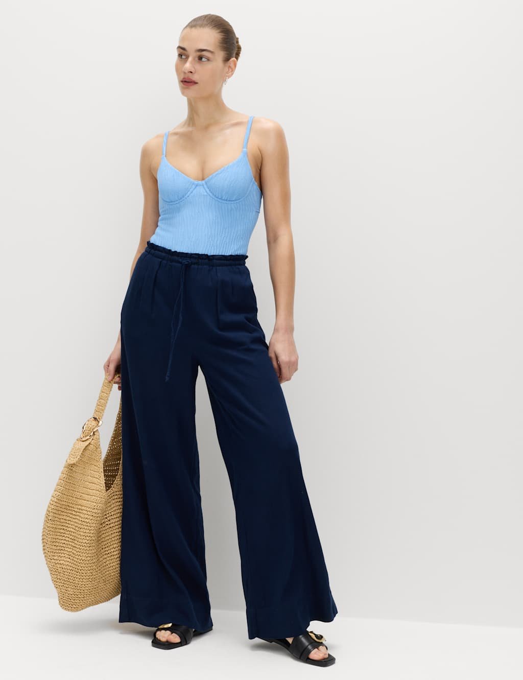 Marks & Spencer M&S 2 Pack Wide Leg Trousers with Linen Navy - 2