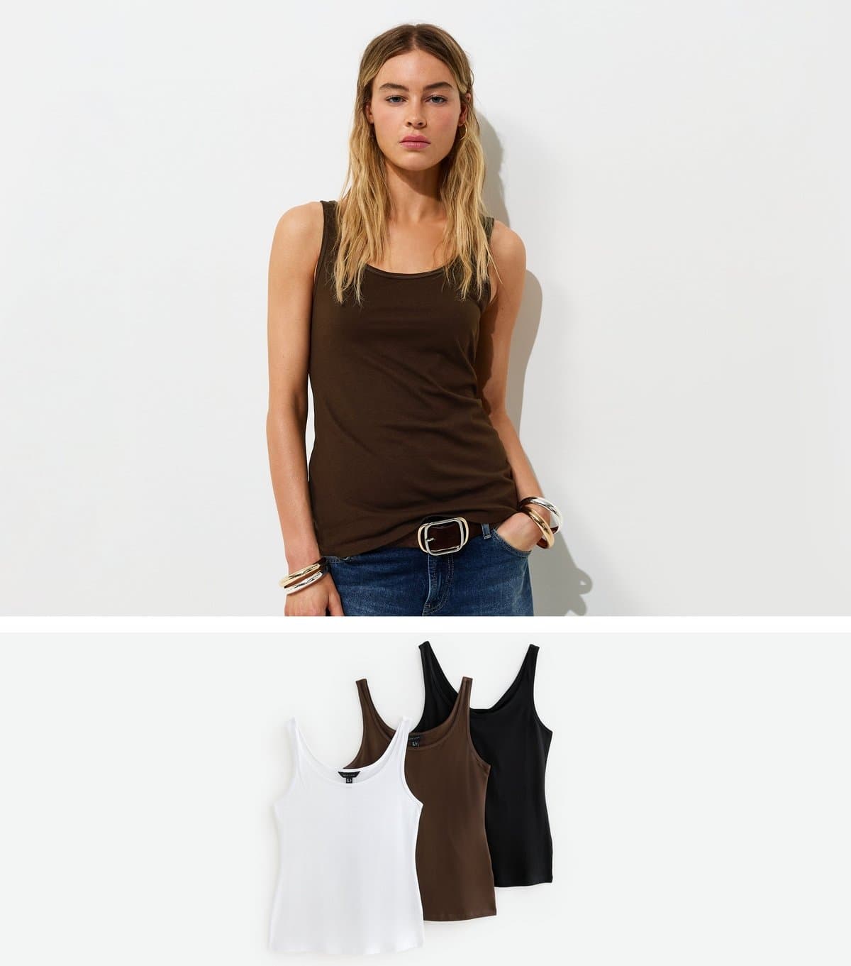 New Look Women's Brown Cotton Pack of Three Jersey Scoop Neck Vest Tops New Look