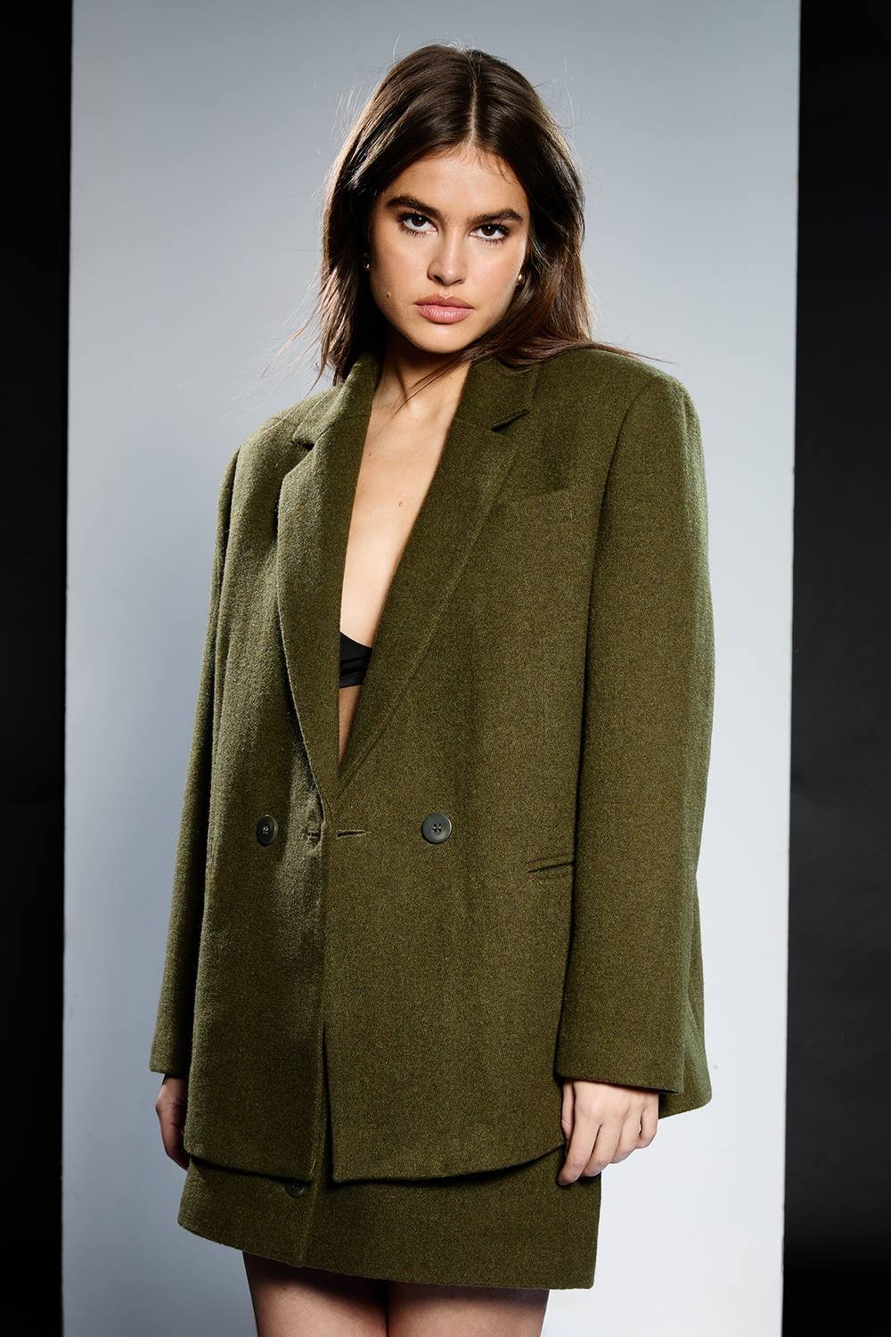 RUNWAY 1.8.1.8 RUNWAY 1.8.1.8 Women's Wool Mix Double Breasted Blazer in Olive - 2