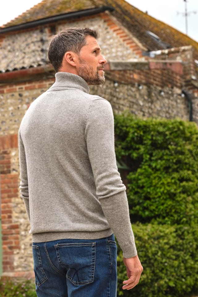 WoolOvers WoolOvers Men's Cashmere & Merino Polo Neck Jumper in Grey - 3