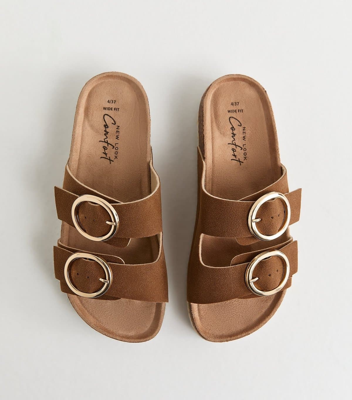 New Look Women's Wide Fit Tan Faux Suede Round Buckle Sandals Vegan New Look