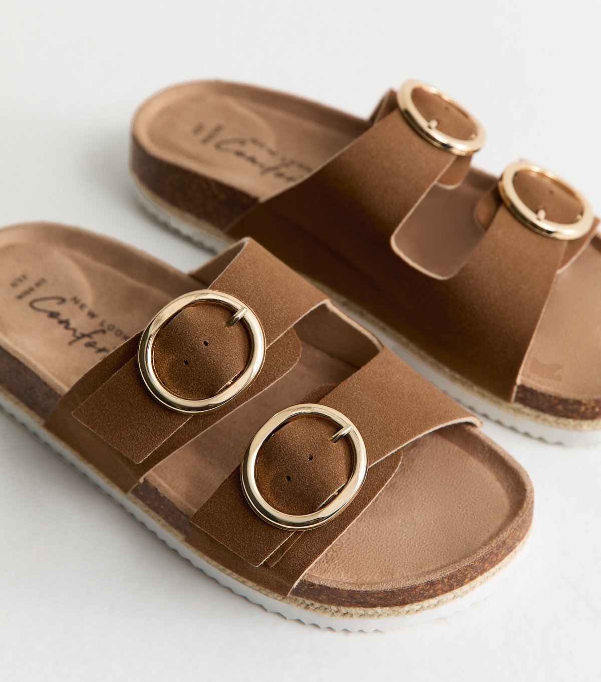 New Look Women's Wide Fit Tan Faux Suede Round Buckle Sandals Vegan New Look - 3