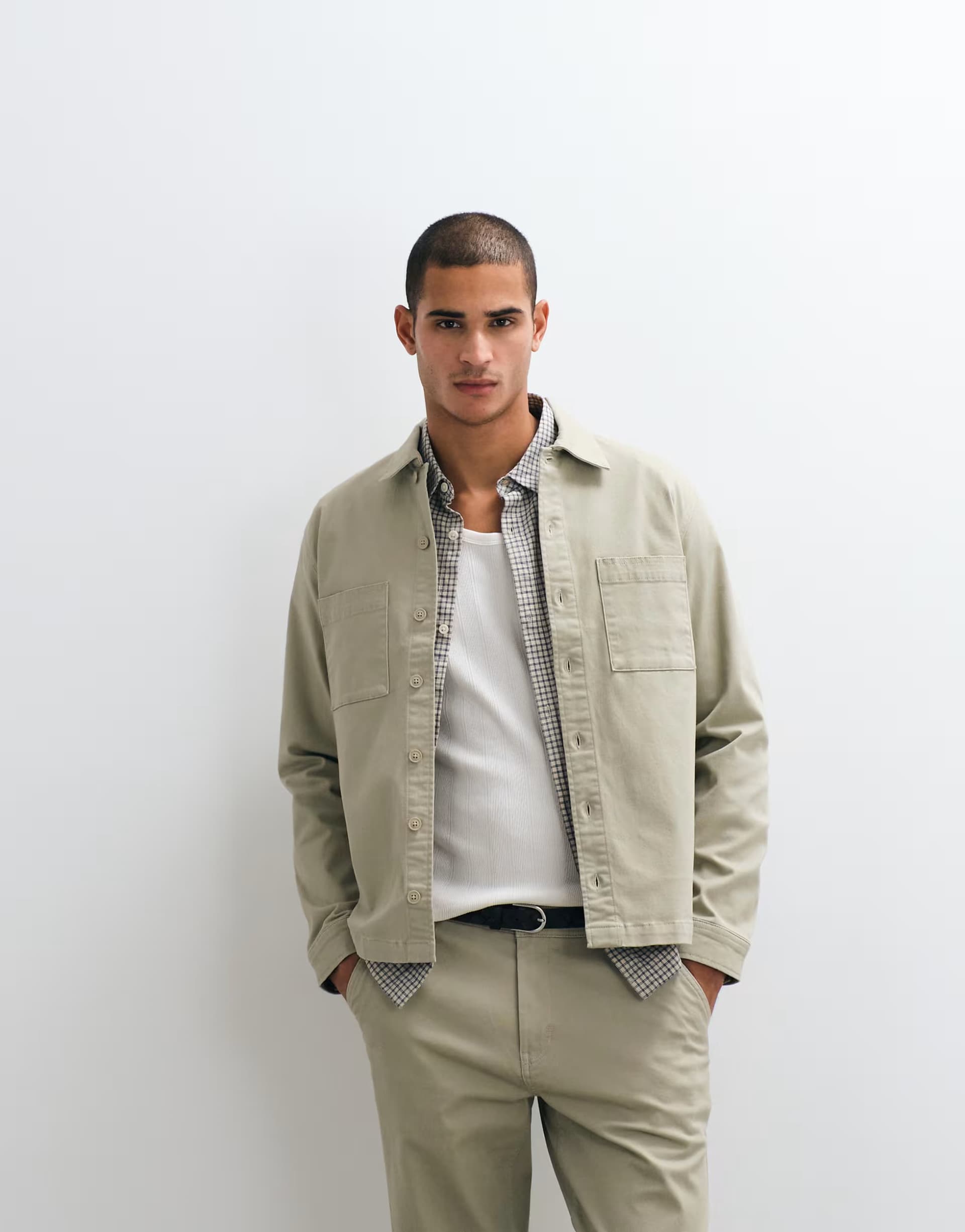 ASOS BLEND boxy fit cotton-rich shirt with pocket detail co-ord in beige