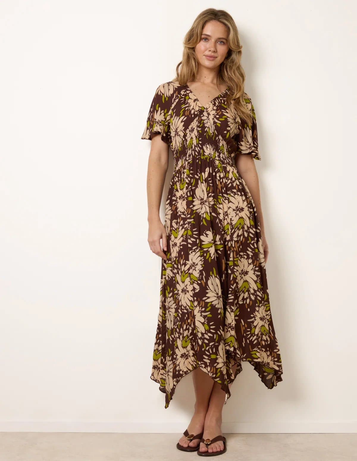 Blue Vanilla Shirred Waist Hanky Hem Dress