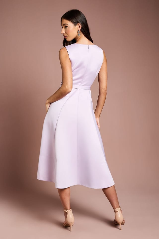 Coast Coast Women's V Neck Structured Satin Belted Midi Dress in Lilac - 3