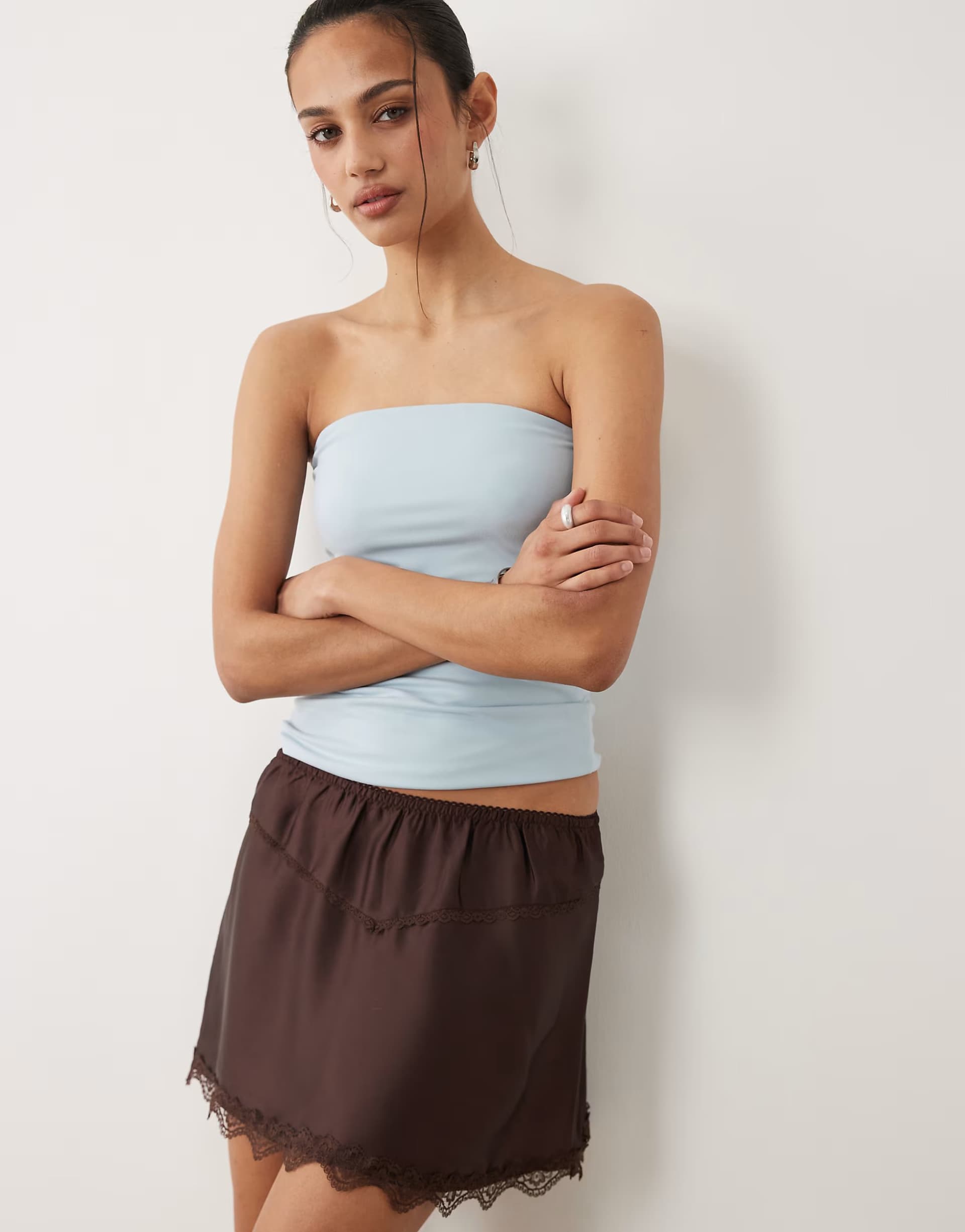 ASOS Cotton On estelle mini satin skirt with lace trim in brown