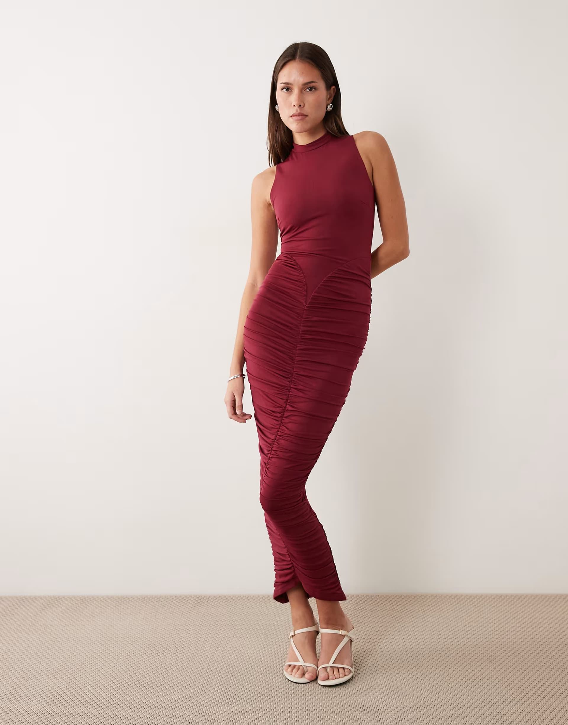 ASOS Ruched & Ready sculpted semi sheer mesh high neck sleeveless bodycon maxi dress in burgundy