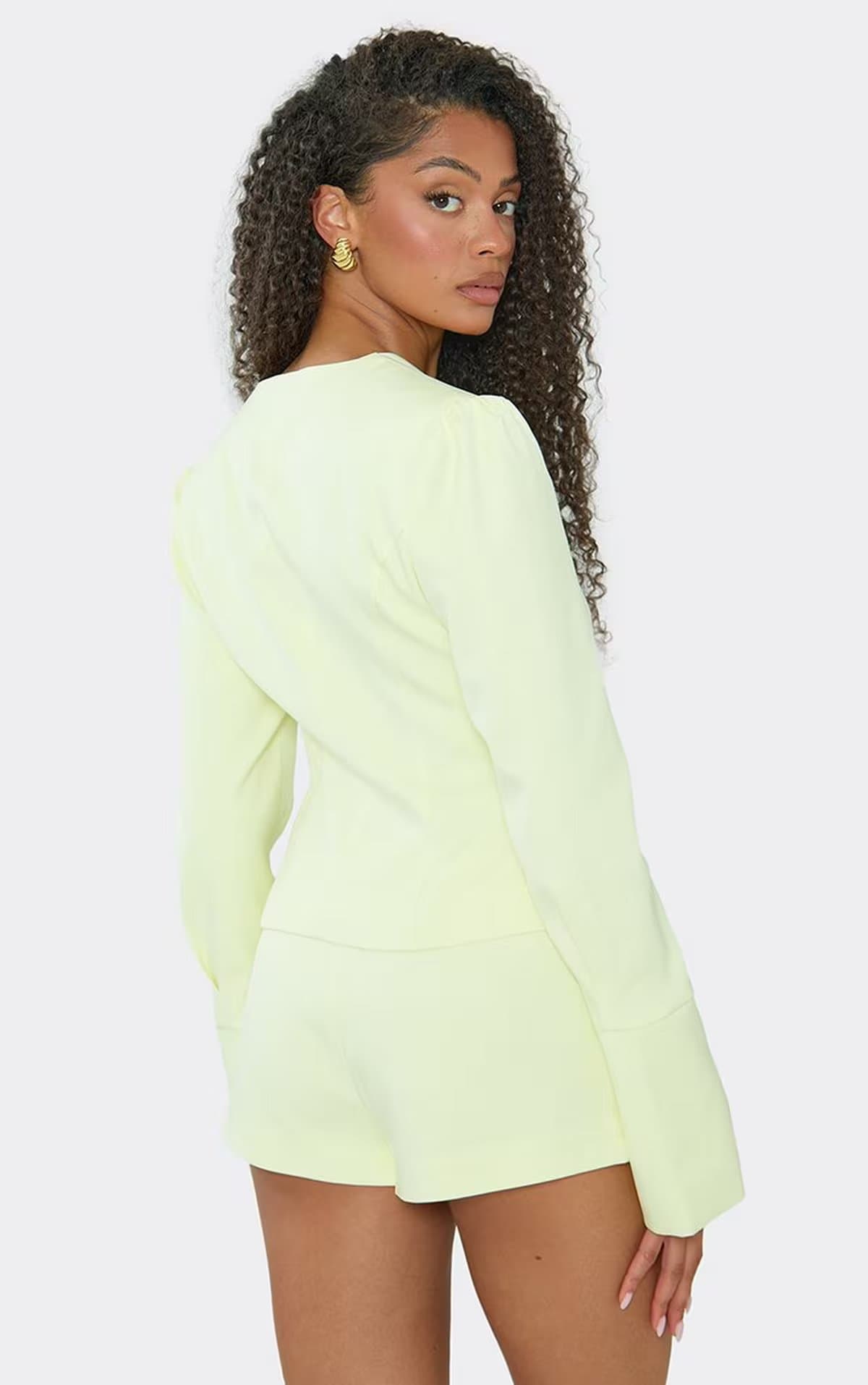 EGO Long Puff Sleeve Button Up Front Tailored Blazer In Lemon., Women's Size UK 6