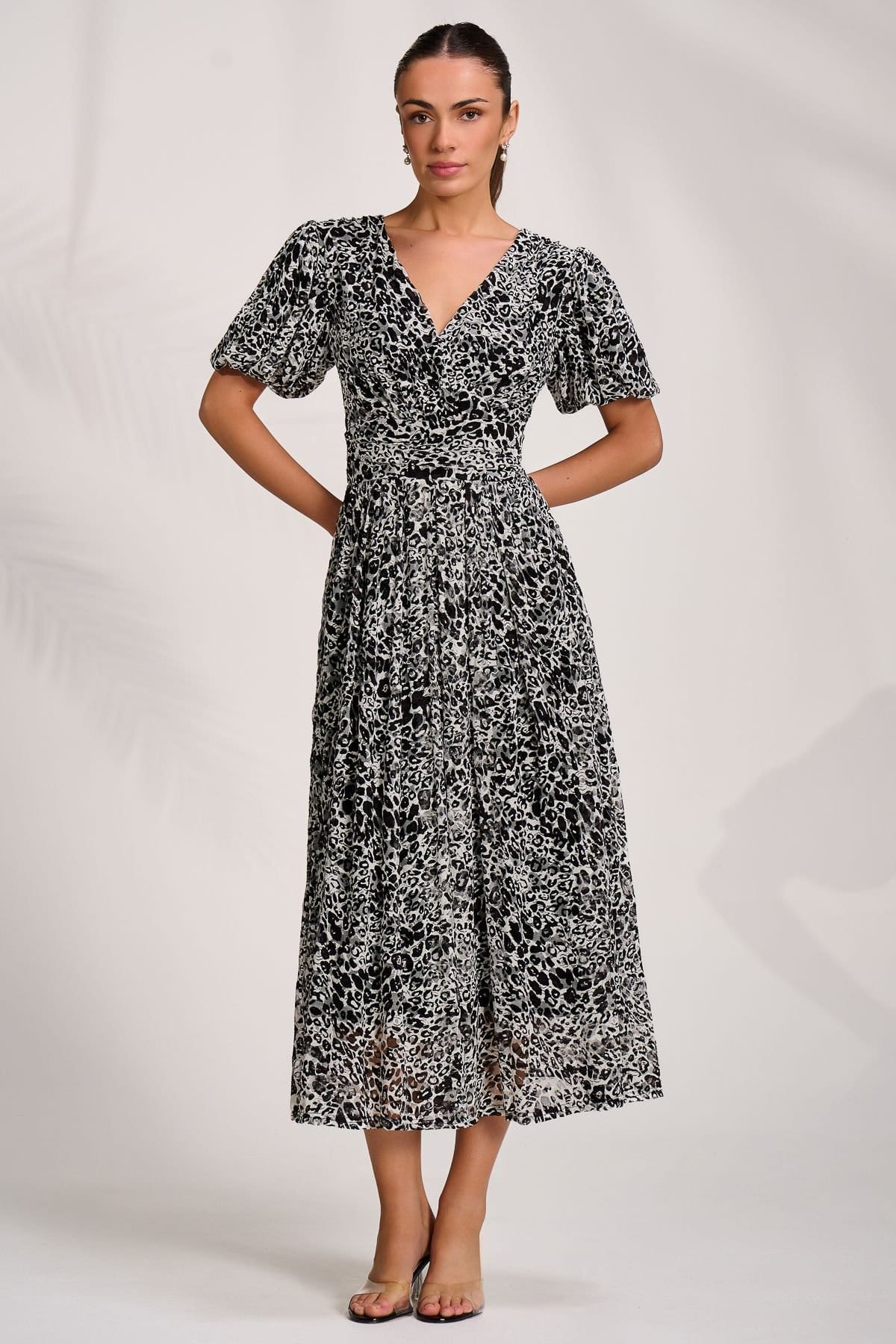 Jolie Moi Black & White Leopard Print Lace Maxi Dress