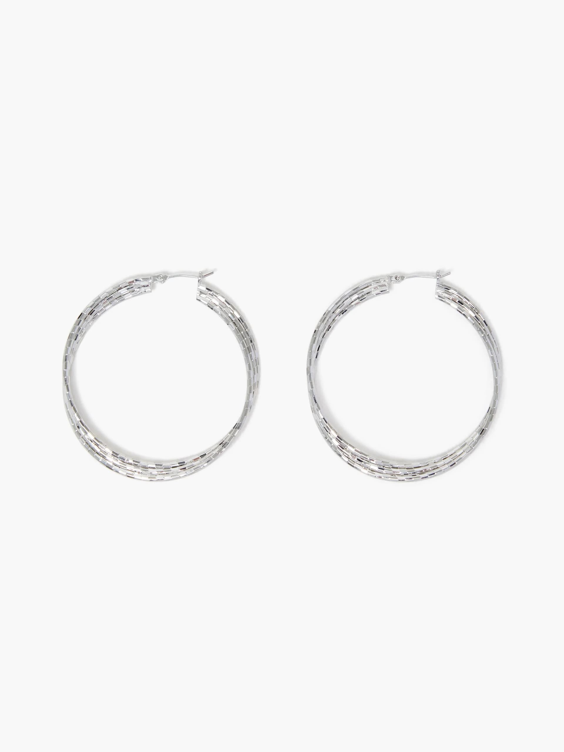 French Connection Triple Twist Hammered Hoop Earrings Silver