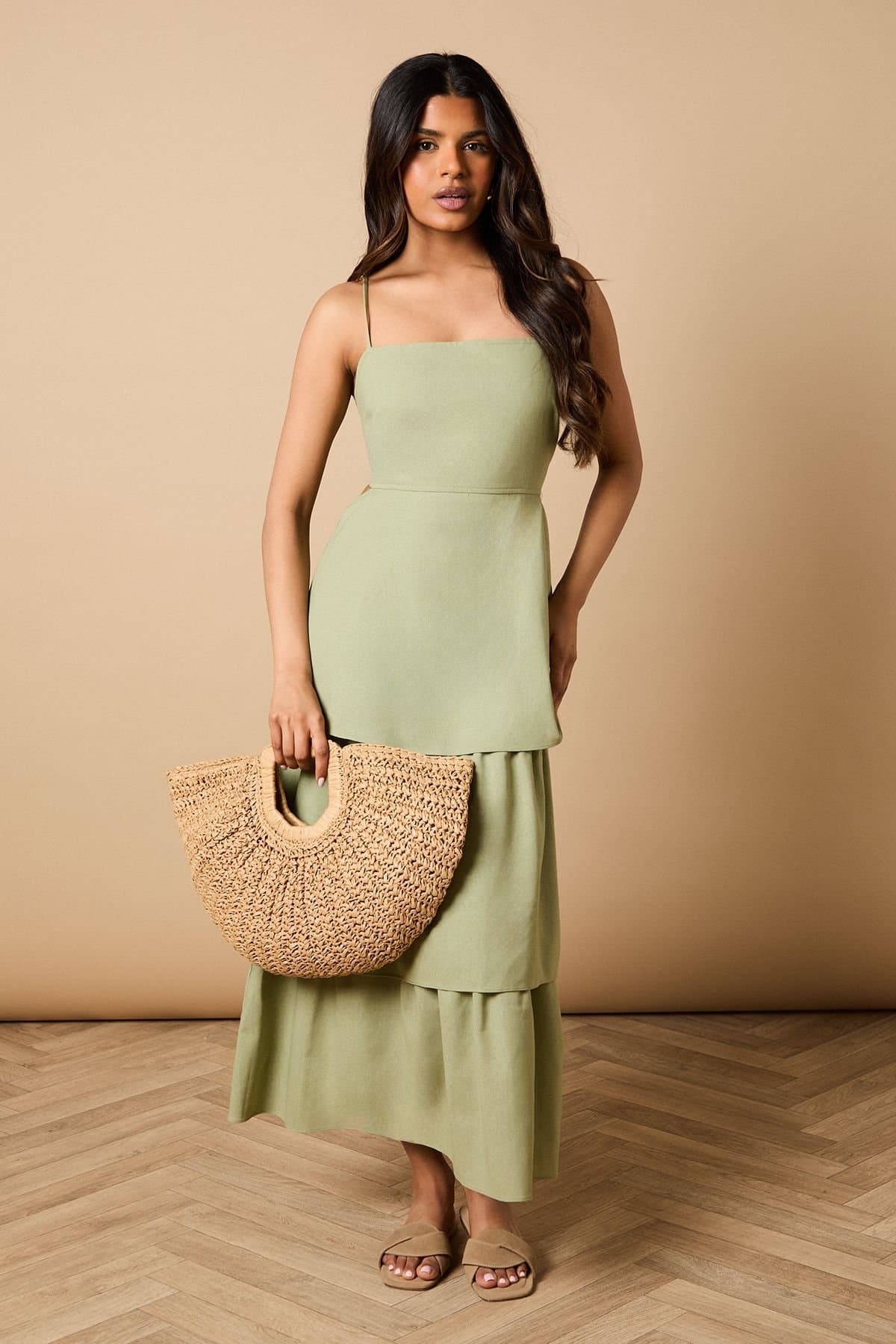 Oasis Oasis Women's Petite Tie Back Tiered Maxi Dress in Sage