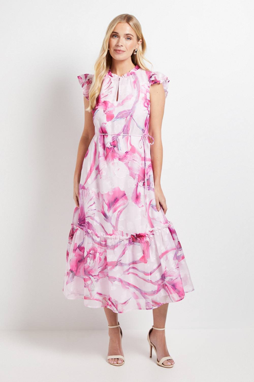Wallis Wallis Women's Petite Floral Burn Out Ruffle Midi Dress in Pink - 2